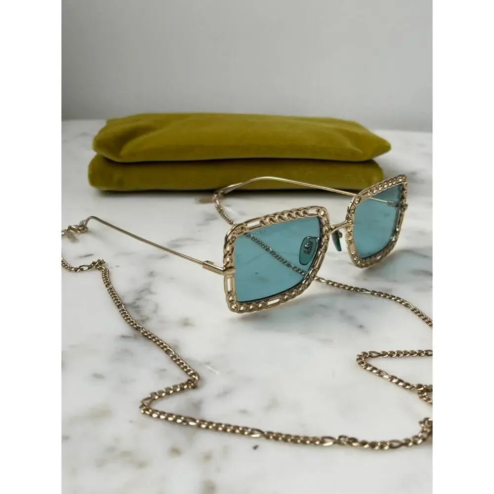 NEW Gucci GG1112S Gold Blue Lens Chain Sunglasses